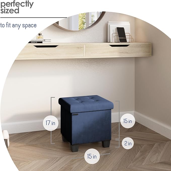 Storage Ottoman Cube with Small Bin, 15-in Square Ottoman with Storage for Living Room and Bedroom, Small Ottomans Foot Rest, Velvet Foot Stools Ottomans Max 330lbs, Blue