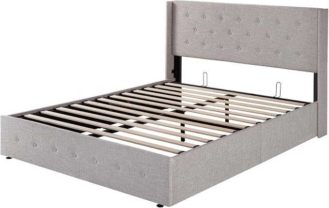 SHA CERLIN Full Size Lift Up Storage Bed Frame,Button Tufted Wingback Headboard,Upholstered Platform,Hydraulic Storage,Wooden Slat Support,No Box Spring,Light Beige