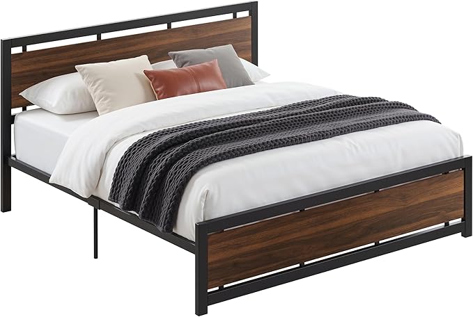 LIKIMIO King Bed Frame with Headboard and Footboard, Metal Strong Supports, Easy Assembly, Noise-Free, No Box Spring Needed, Dark Walnut