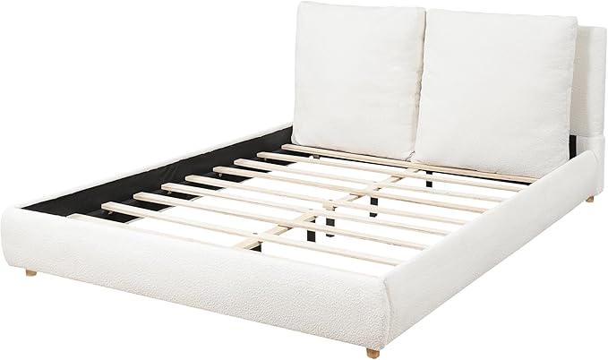 Merax Queen Size Boucle Fabric Upholstered Platform Bed with Two Removable Pillow Headboard, Wood Bed Frame with Solid Round Legs for Kids Teens Adults, White
