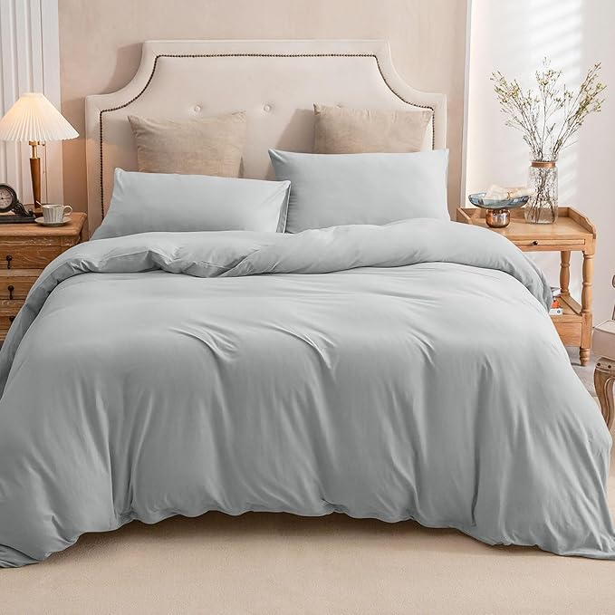 PURE ERA Jersey Knit Duvet Cover Set 100% T-Shirt Cotton Super Soft Comfy 3pc Bedding Set with Zipper Closure (Solid Light Grey, King, 104'' x 90'')
