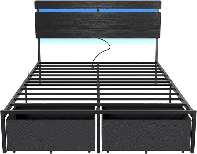 Forestell Full Size Bed Frame with Wood Headboard, Black Platform Bed with 2 Storage Drawers & Shelf, Built in Charging Station & LED Lights, Metal Support, No Box Spring Needed, Camas Full