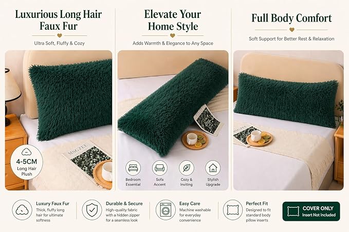 Reafort Luxury Faux Fur Body Pillow Cover 21" x 54", Long Hair PV Plush Body Pillow Case with Hidden Zipper Closure, Ultra Soft Fluffy Decorative Long Pillow Cover (Evergreen, Body)