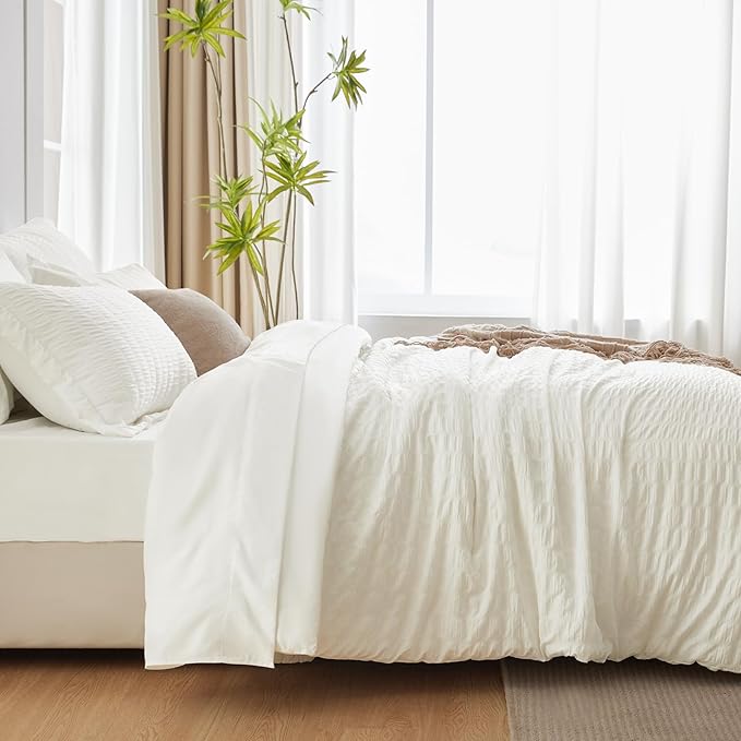 CozyLux King Size Comforter Set Ivory Seersucker 7 Pieces Bed in a Bag King Comforter Set with Sheets, Luxury Soft Bedding Sets with Down Alternative Comforter, Sheets, Pillowcases & Shams All Seasons