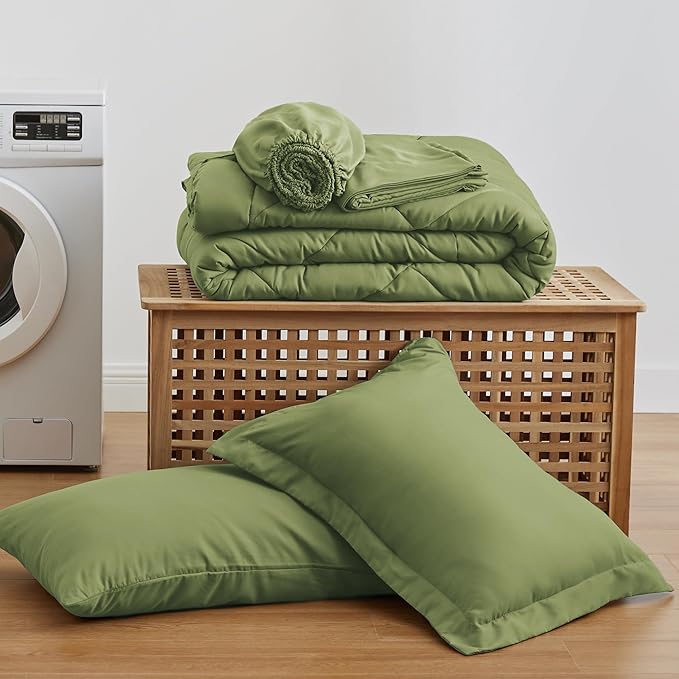 Love's cabin Twin XL Comforter Set Olive Green, 5 Pieces Twin XL Bed in a Bag, All Season Bedding Sets with 1 Comforter, 1 Flat Sheet, 1 Fitted Sheet, 1 Pillowcase and 1 Pillow Sham | Soft, Breathable, Lightweight, Comfortable