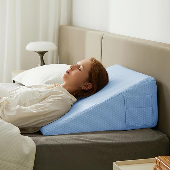 Bedluxe Wedge Pillow, 12 inch Bed Wedge Pillow for Headboard, Pillow Wedge for Acid Reflux Relief, Sleeping, After Surgery, Snoring, Gerd, Triangle Pillow Wedge - Cooling Memory Foam Top, Light Blue