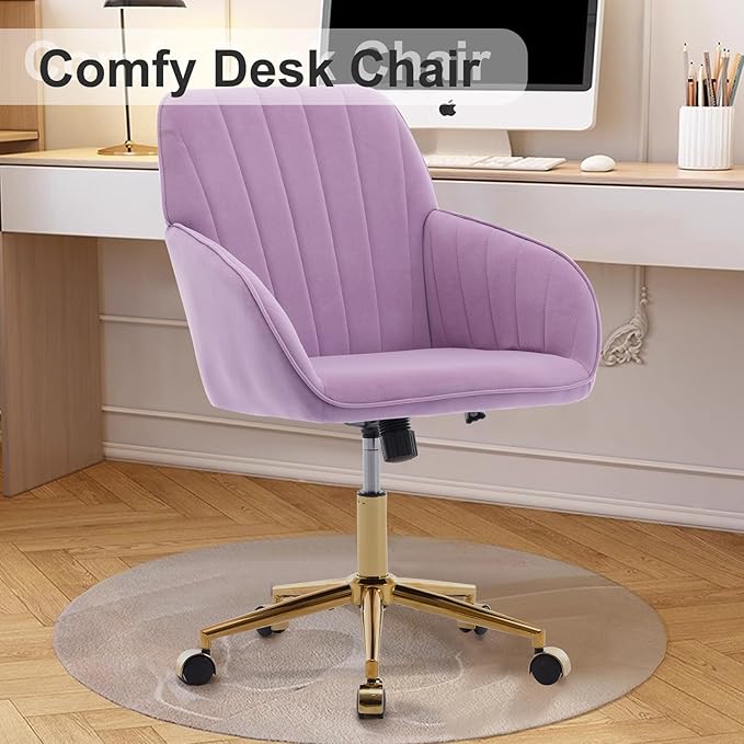 Velvet Vanity Chair with Wheels, Height Adjustable Swivel Makeup Chair, Armless Small Desk Chair for Bedroom/Office/Vanity Table, 250 lbs Capacity (Velvet, Lilac-2)