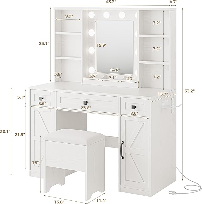IRONCK White Vanity Desk with Mirror & Lights, Farmhouse Makeup Vanity Table with Adjustable 3 LED Modes, Charging Station, 3 Drawers & Storage Shelves, Stool Included