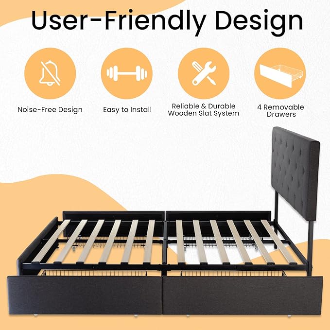 SHA CERLIN Upholstered Full Size Platform Bed Frame with 4 Storage Drawers, Adjustable Headboard with Diamond Stitched Button Tufted Design, Wooden Slat Support, No Box Spring Needed, Dark Grey