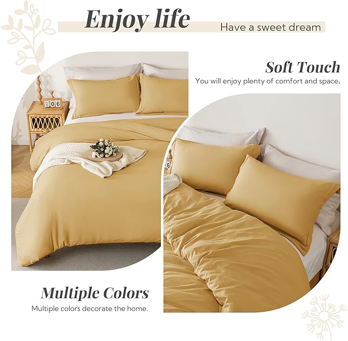 MILDLY Super Soft Duvet Cover - 100% Washed Microfiber Warm Mustard Yellow Comforter Cover Set 3 Pieces with Zipper Closure & Corner Ties (No Comforter)