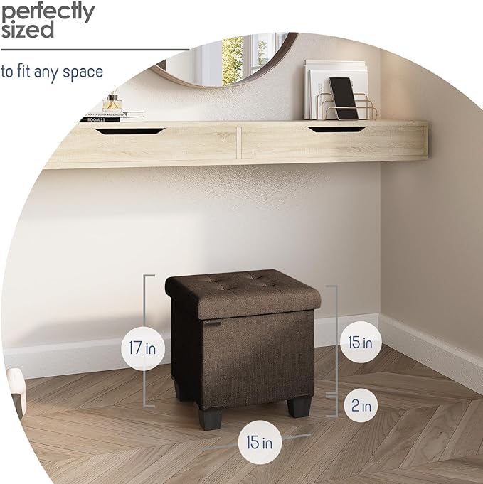 Storage Ottoman Cube with Small Bin, 15-in Square Ottoman with Storage for Living Room and Bedroom, Small Ottomans Foot Rest, Fabric Foot Stools Ottomans Max 330lbs, Brown