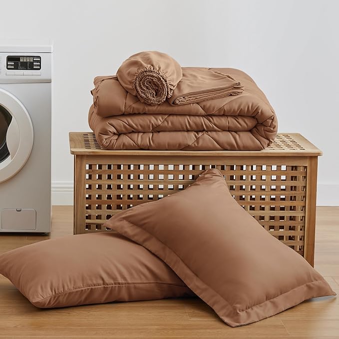Love's cabin Twin Comforter Set Mocha Mousse, 5 Pieces Twin Bed in a Bag, All Season Bedding Sets with 1 Comforter, 1 Flat Sheet, 1 Fitted Sheet, 1 Pillowcase and 1 Pillow Sham | Soft, Breathable, Lightweight, Comfortable