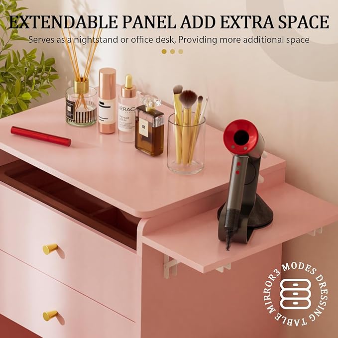 COMHOMA Makeup Vanity Desk with Mirror and Lights, Small 3 in 1 Vanity Table with Visible Glass Top, Flip Top & 3 Drawers, Compact Dresser with Storage Stool for Bedroom, Office or Nightstand