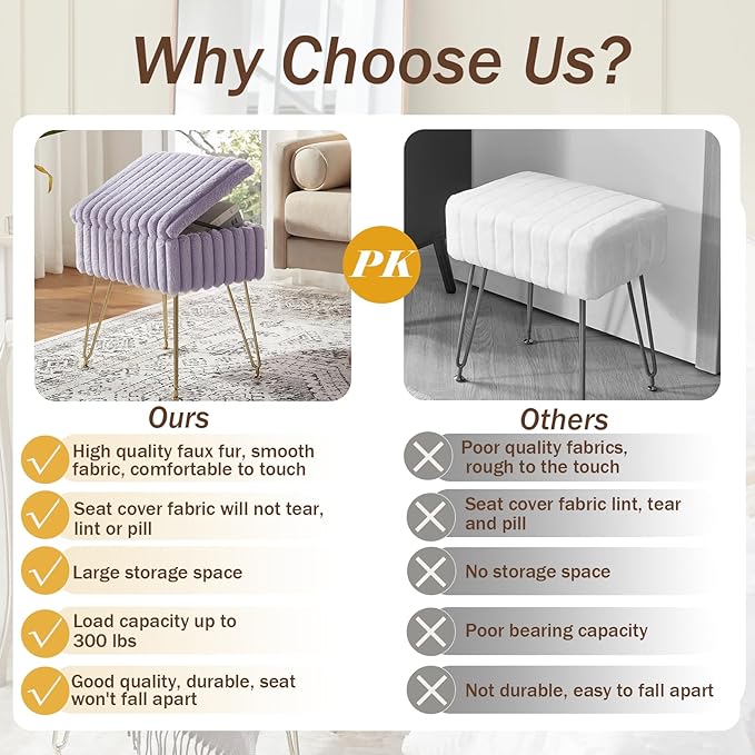 EBENCHICO Vanity Stool Chair with Storage, Faux Fur Stools for Vanity Makeup, Foot Stool Ottoman with 4 Metal Legs, Small Vanity Bench Seat Chairs for Living Room Bedroom