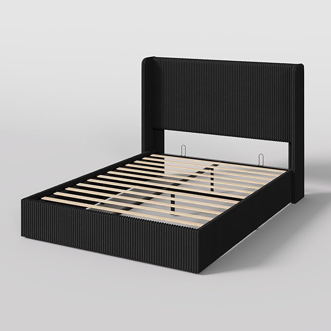 SHA CERLIN Full Size Lift Up Storage Bed Frame, Modern Upholstered Wingback Headboard, Hydraulic Support & Underneath Storage, Soft Corduroy Fabric Platform Bed, No Box Spring Needed, Black