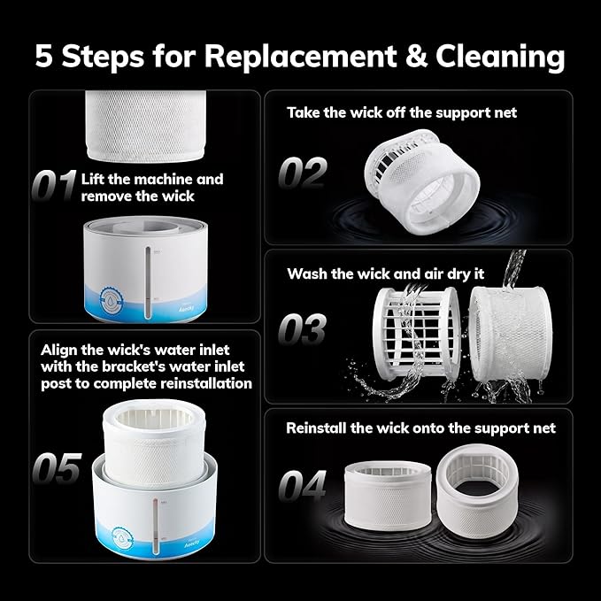 AEOCKY Mist-Free Evaporative Humidifier, No White Dust for Baby, 4.5L Humidifiers with Auto, Dry Filter, Self-Clean, Power & Sleep Mode, Timer for Bedroom, Home, Nursery
