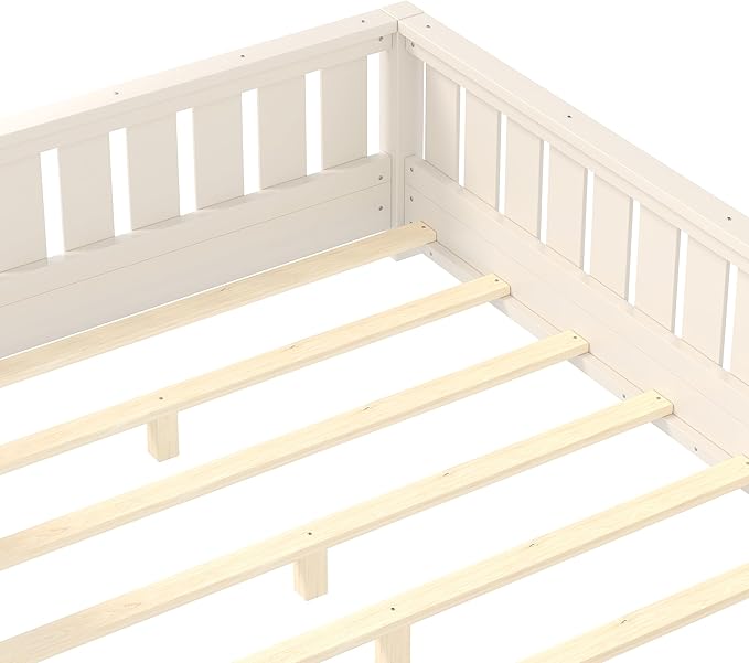 Bellemave Full Size Kids Montessori Bed with Bookshelf,Solid Wood Full Floor Bed Frame with Fence and Slats for Girls Boys,Low-Profile,Beige