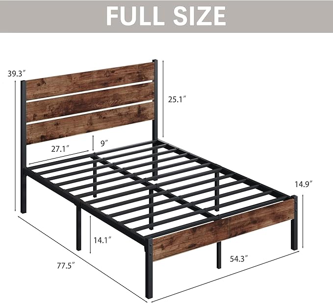 Fluest Full Bed Frame with Headboard and Footboard, Metal Full Bed Frame with Under Bed Storage, All-Metal Support System, No Box Spring Needed, Easy Assembly,Rustic Brown