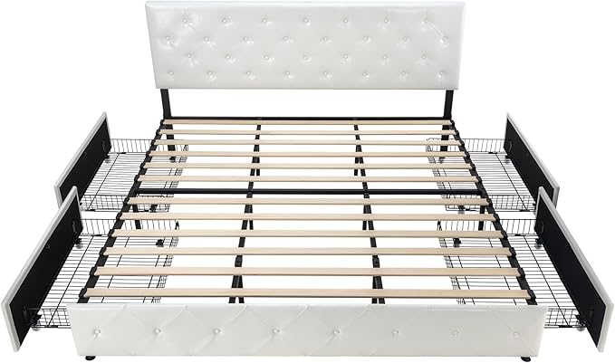 Allewie King Size Platform Bed Frame with 4 Storage Drawers and Headboard/Upholstered Diamond Stitched Button Tufted/Wooden Slats Support/Mattress Foundation/No Box Spring Needed/White