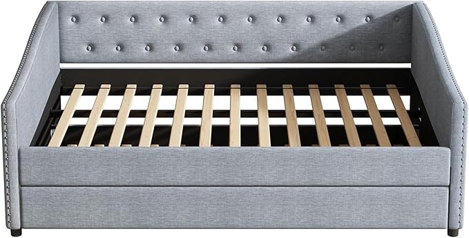 Upholstered Daybed with Trundle, Full Size Day Bed w/Button-Tufted Back and Piping on Waved-Shape Arms for Bedroom or Guest Room, No Box Spring Required, Light Gray