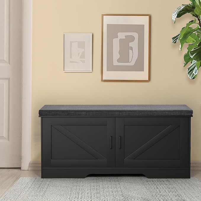 HOMSHO 2-Tier Storage Bench, 39.4" Wide Shoe Bench with Padded Seat Cushion, Entryway Bench with 2 Barn Doors and Adjustable Shelf, Black