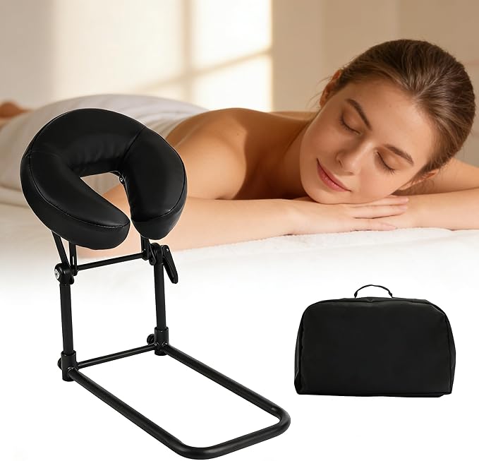 Portable Massage Headrest for Bed, Adjustable Face Cradle & Face Down Pillow with Memory Foam & PU Leather, Foldable Home Massage Kit for Mattress Top, Fits 5.5-17.7" Mattress