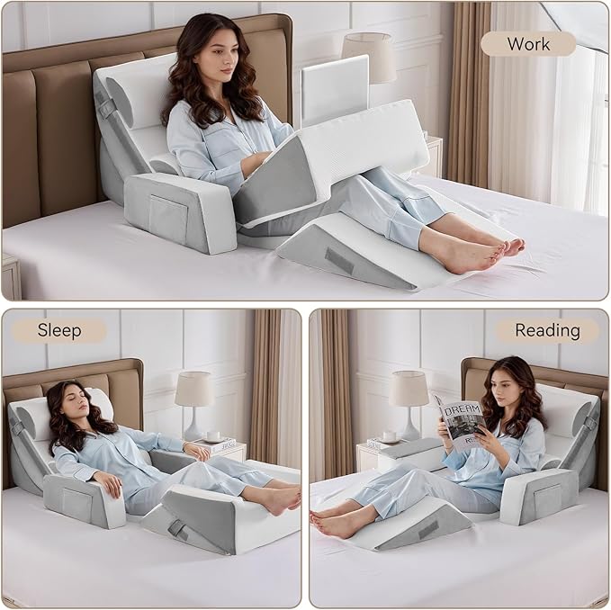 Yojoker 9PCS Orthopedic Bed Wedge Pillow Set for Sleeping, Back and Leg Pain Relief, Post Surgery Foam Pillow for Body, Triangle Adjustable Support Pillow - Acid Reflux Sleeping Pillows
