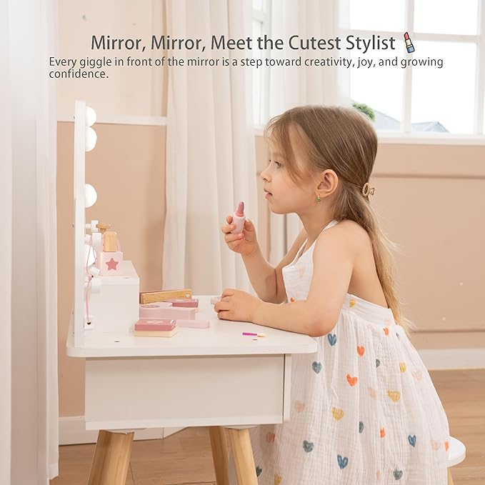 Leeshyah Kids Vanity Set for Little Girls with Touch-Button 3-Color Light Mirror, Wooden Pretend Play Makeup Table with 11 Accessories, Toddler-Sized Beauty Desk for Ages 3+