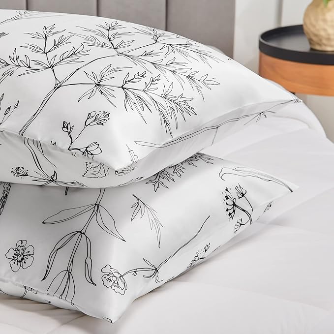 EXQ Home Pillowcase Silky Satin Pillowcase for Hair and Skin,Soft Cooling Printed Pillow Cases Queen Size Set of 2 Satin Pillow Case with Envelope Closure Flowers with White Background