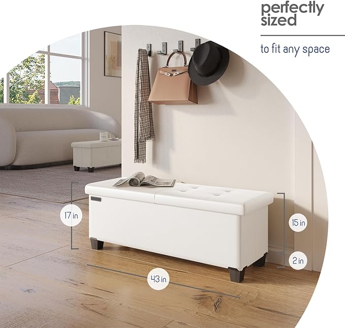 Storage Ottoman Bench with Bins, 43-in Storage Bench for Bedroom End of Bed, Folding Foot Rest Ottoman for Living Room Max 660lbs, Faux Leather Ottomans, Cream