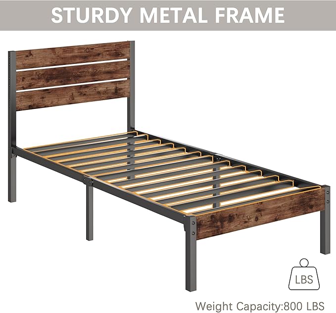 Fluest Twin Bed Frame with Headboard and Footboard, Metal Twin Bed Frame with Under Bed Storage, All-Metal Support System, No Box Spring Needed, Easy Assembly,Rustic Brown