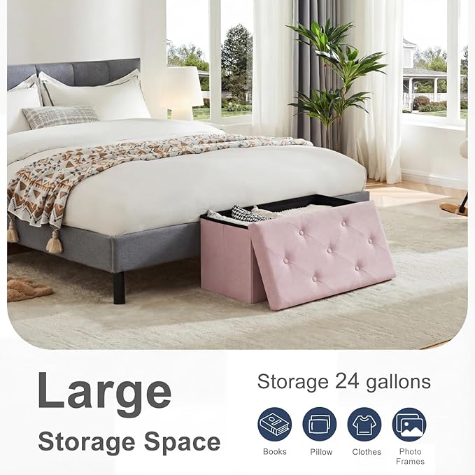 DUMOS Storage Ottoman Bench, 30in Storage Bench Foot Rest Stool with Padded Seat, Large End of Bed Bench for Bedroom, Living Room, Entryway, Support 660lbs, Pink