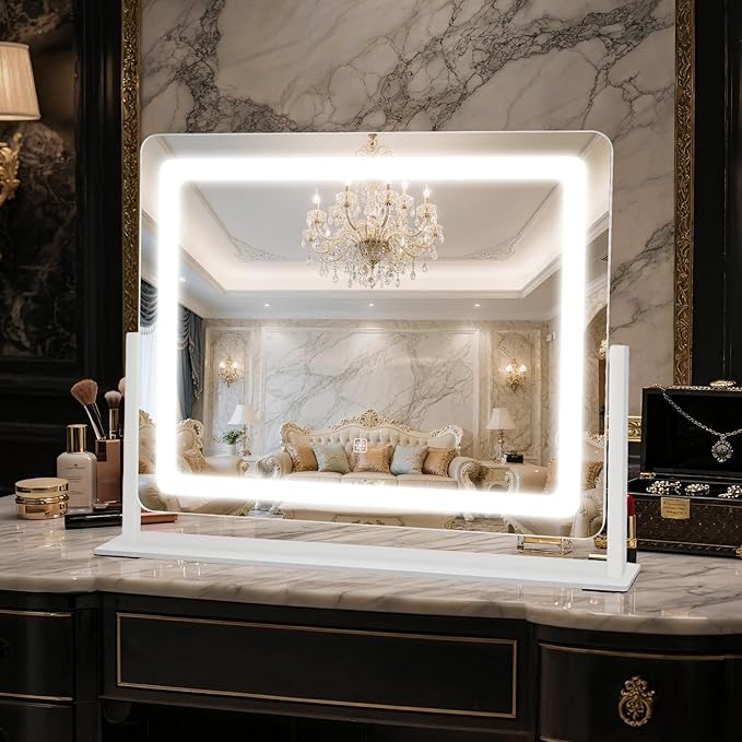 Vanity Mirror with Lights 22"×17", Large LED Makeup Mirror with Light, Smart Touch with 3-Color Lighting, Dimmable, 360° Rotation, HD Desk Mirror, Vanity Mirror Tabletop (White)