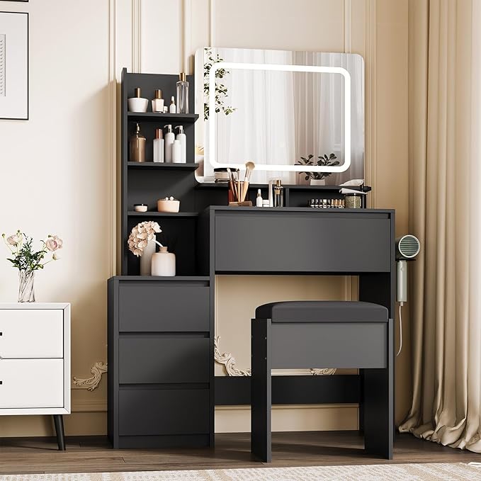 Vanity Desk with Mirror and Lights - 36" Vanity Table Set with 4 Drawers, Power Outlet, USB Ports, Stool, Dressing Table with 3 Lighting Color Adjustable for Bedroom, Women,