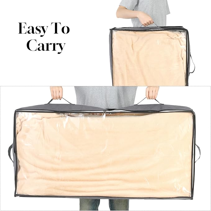 4 Pack 90L Under Bed Storage Containers – Foldable Closet Organizers with Clear PVC Window, Large Underbed Storage Bins for Blankets, Clothes, Shoes, Wrapping Paper (Grey, 39” x 20” x 7”)