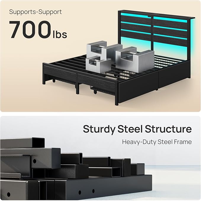 Rolanstar Queen Bed Frame with 4 Drawers, LED Lights and Charging Station, Metal Platform Bed with Storage Headboard, Noise Free, Easy Assembly, No Box Spring Needed, Black