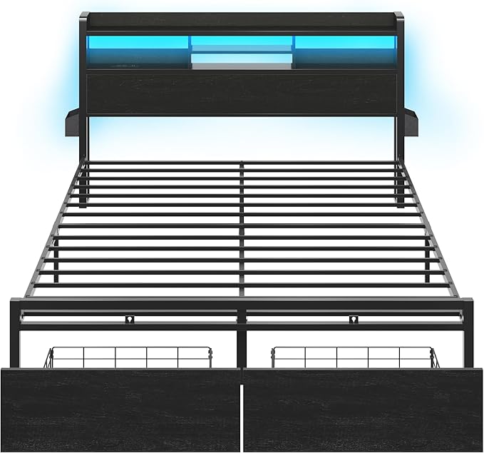 Furnulem King Bed Frame with Wood Headboard & Storage Drawers, Metal Platform Bed Frames King Size with LED Lights, Built in Charging Station, No Box Spring Needed, No Noise, Easy Assembly, Black