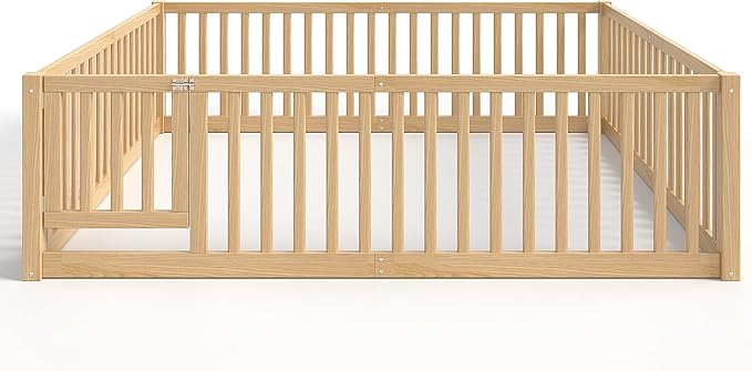 Bellemave Queen Size Montessori Floor Bed with 23.5" High Rails, Pine,Plywood Queen Floor Bed with Small Door, Natural