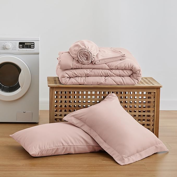 Love's cabin Twin Comforter Set Pink, 5 Pieces Twin Bed in a Bag, All Season Bedding Sets with 1 Comforter, 1 Flat Sheet, 1 Fitted Sheet, 1 Pillowcase and 1 Pillow Sham | Soft, Breathable, Lightweight, Comfortable