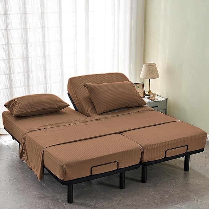 Kingnex Striped Split California King Sheets Sets for Adjustable Bed with Deep Pocket 5 Pieces Include 2 Cali Twin XL Fitted Sheets 1 Flat Sheet 2 King Size Pillowcases Coffee