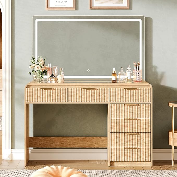 47“Makeup Vanity Desk with 44.8" Mirror and Lights, Vanity Desk with 7 Drawers, Makeup vanity table with a glass tabletop, 3 Color Modes & Adjustable Brightness Dressing Table, Bedroom,Oak515