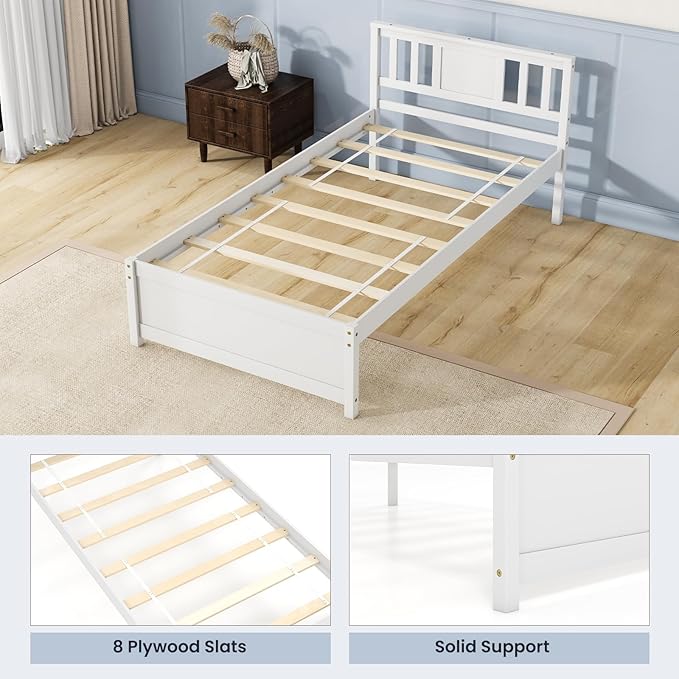 Giantex Wood Twin Bed Frames with Headboard, Mid Century Solid Wood Platform Bed with Wood Slat Support, Single Panel Bed, No Box Spring Needed, Twin Bed Frames for Kids, White