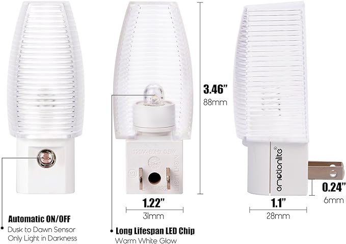 Emotionlite Plug in Night Light, Warm White LED Nightlight, Dusk to Dawn Sensor, Kids, Nursery, Bedroom, Bathroom,Hallway, Stairs, Kitchen, 4 Pack