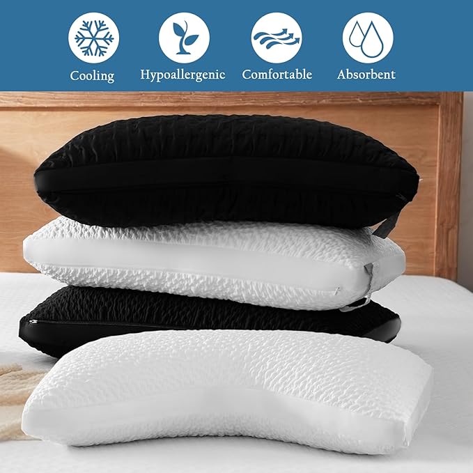Side Sleeper Pillow for Neck & Shoulder Comfort, Cooling Cervical Contour Gusseted Pillow for Hot Sleepers, Adjustable Luxury Shredded Memory Foam, Washable Cover, Black Standard Size