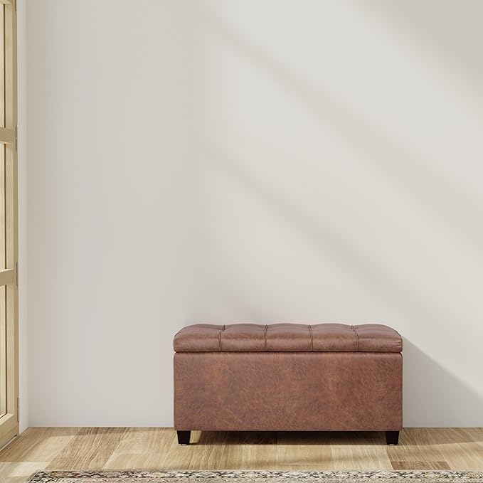 SIMPLIHOME Sienna Storage Ottoman Bench - 33 inch Wide Upholstered Vegan Leather Rectangle Storage Ottoman Bench in Distressed Saddle Brown, Transitional Tufted Ottoman for Living Room with Lift Top