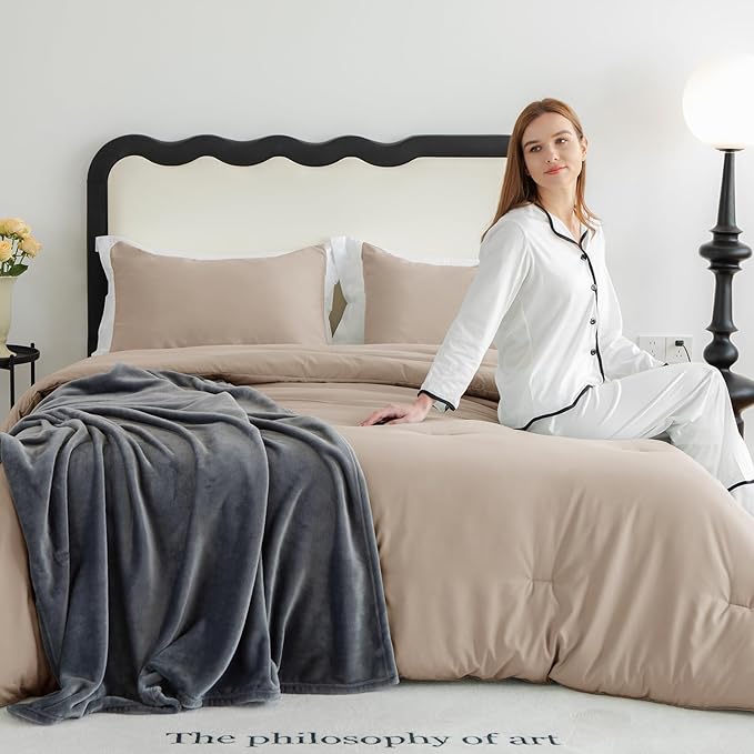 CozyLux King Size Comforter Set Wheat, 3 Pieces Solid Comforters King Size Breathable Quilted Bedding Sets, Luxury Soft Lightweight Bed Set with Down Alternative Comforter and 2 Pillowcases All Season