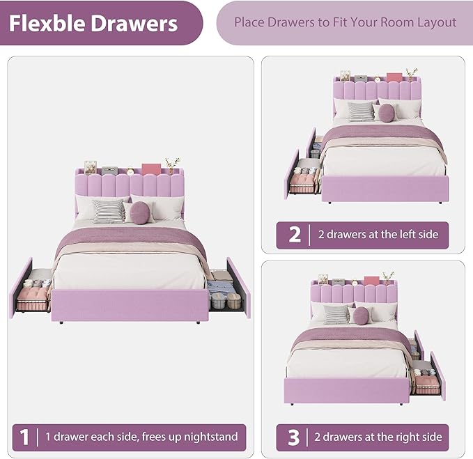 Garvee LED Full Size Bed Frame with Storage Headboard, Kids Bed Frame with 2 Drawers, Boucle Upholstered Platform Bed for Girls, Chic Wavy Headboard with Bookcase, No Box Spring Needed, Purple
