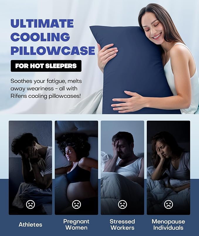 Ice Cooling Pillowcase for Hot Sleepers, Instantly Cool, Stays Cold All Night, Softer Than Silk Pillow Cases, Pillow Covers with Invisible Zipper, Gift for Men & Women - Standard, Navy Blue (1 Pack)