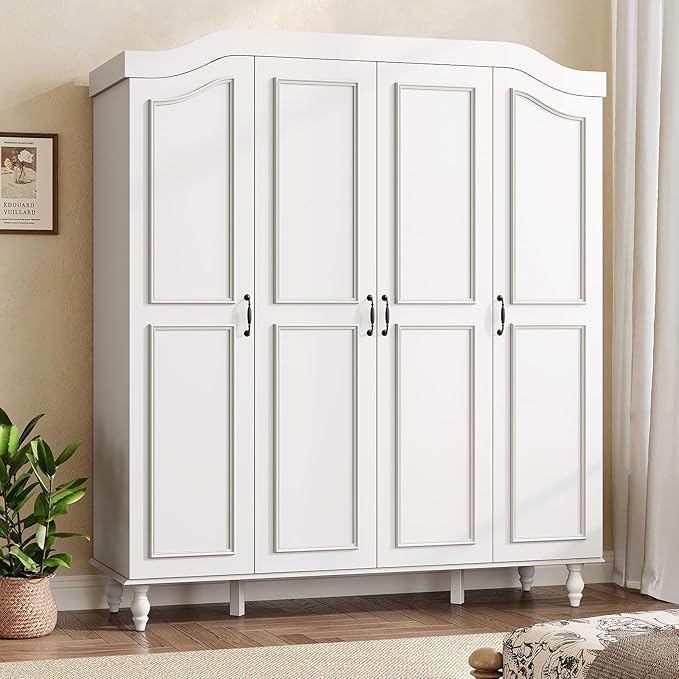 Arched Armoire Wardrobe Closet with 4 Doors, 71" H Wooden Large Capacity Wardrobe Cabinet with 2 Hanging Rods and 8 Shelves, Freestanding Armoire Storage Cabinet for Bedroom, Cloak Room, White