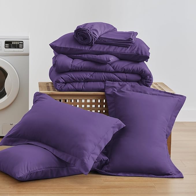 Love's cabin Queen Comforter Set Purple, 7 Pieces Queen Bed in a Bag, All Season Bedding Sets with 1 Comforter, 1 Flat Sheet, 1 Fitted Sheet, 2 Pillowcase and 2 Pillow Sham | Soft, Breathable, Lightweight, Comfortable